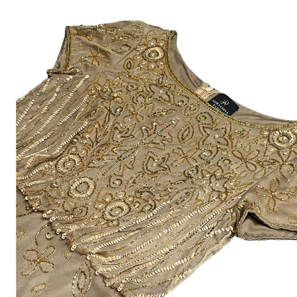 Adrianna Papell Boat Neck embellished mesh blouson tan evening formal dress sz 6 - Picture 6 of 10